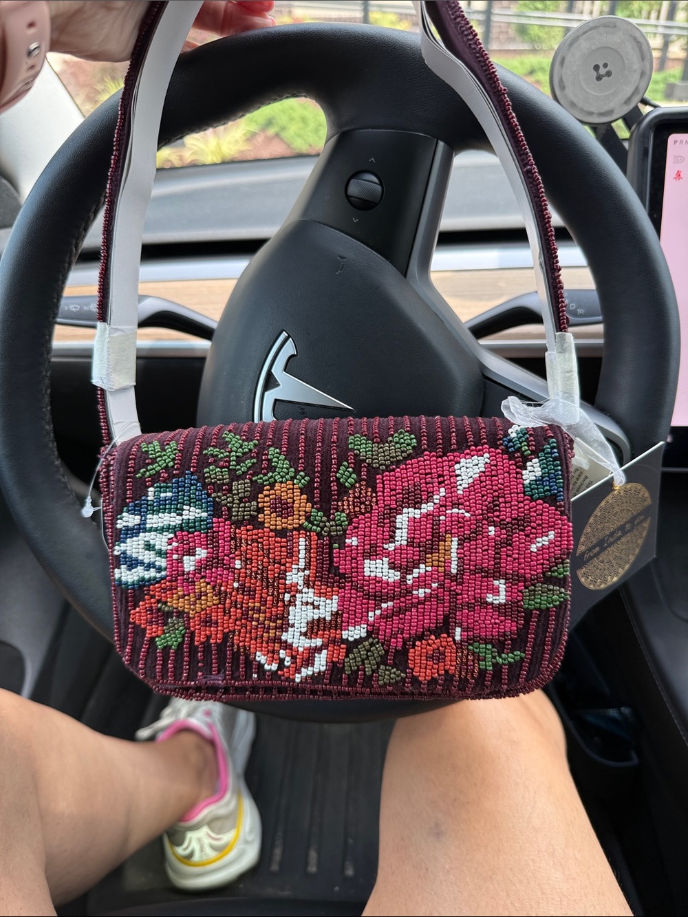 Beaded Floral Mini Crossbody Bag - Burgundy
